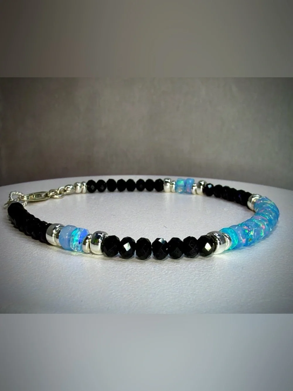 Ethiopian Opal Black Spinel Gemstone Bracelet in Sterling Silver - Picture 3 of 6